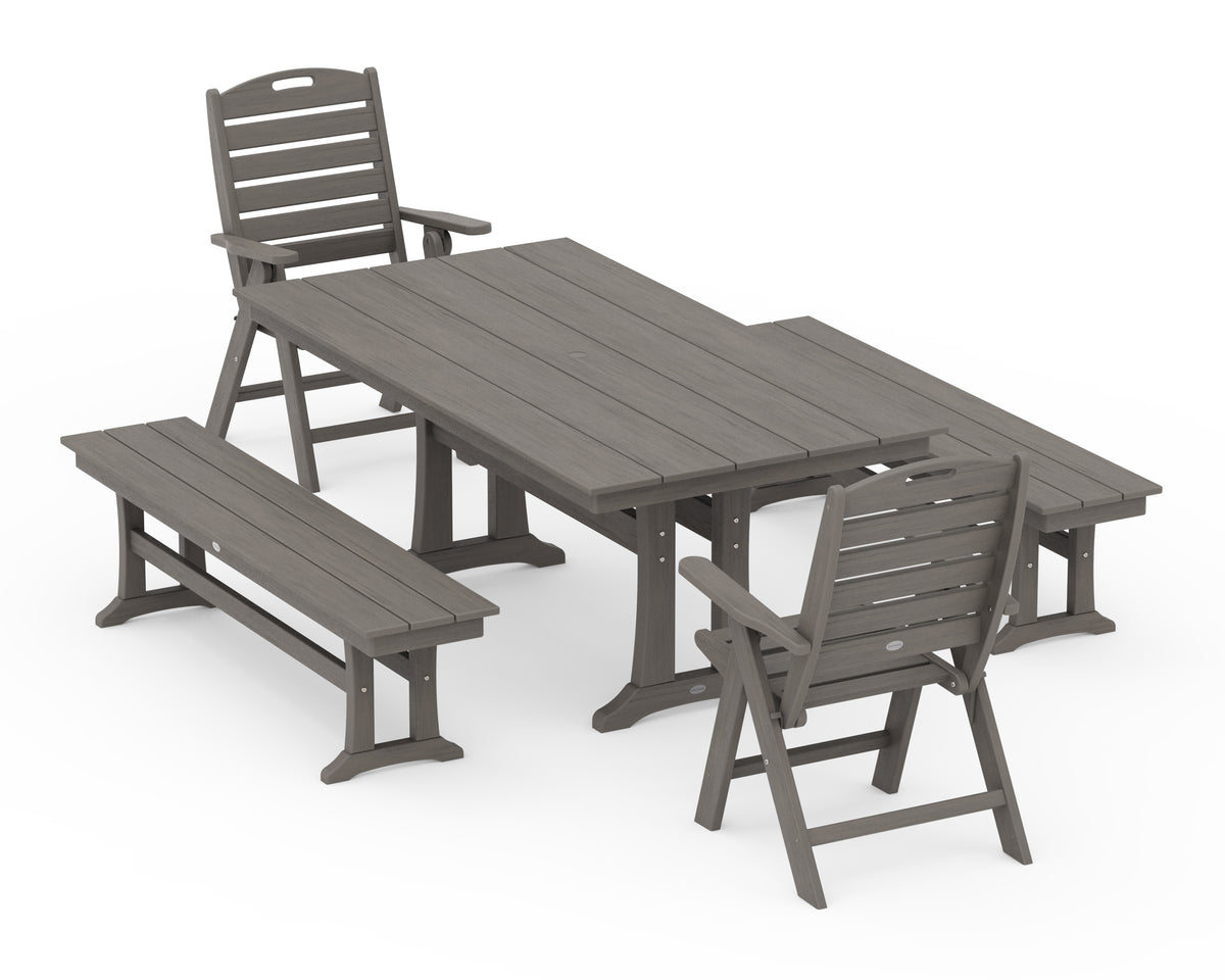 POLYWOOD Nautical Folding Highback Chair 5-Piece Farmhouse Dining Set with Trestle Legs and Benches in Driftwood