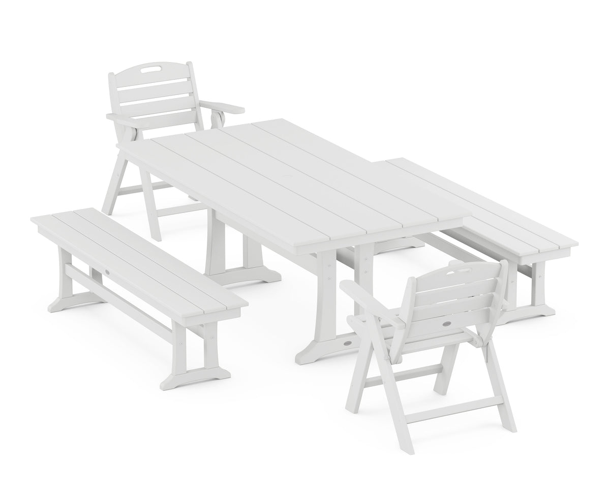 POLYWOOD Nautical Folding Lowback Chair 5-Piece Farmhouse Dining Set with Trestle Legs - 37" x 72" Table in White