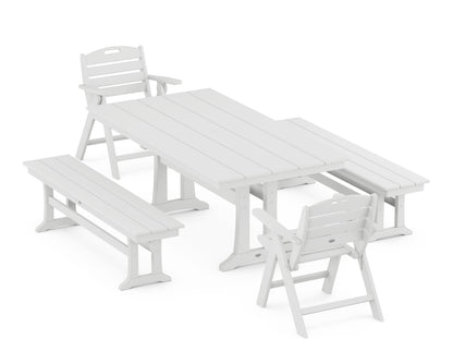 POLYWOOD Nautical Folding Lowback Chair 5-Piece Farmhouse Dining Set with Trestle Legs - 37" x 72" Table in White