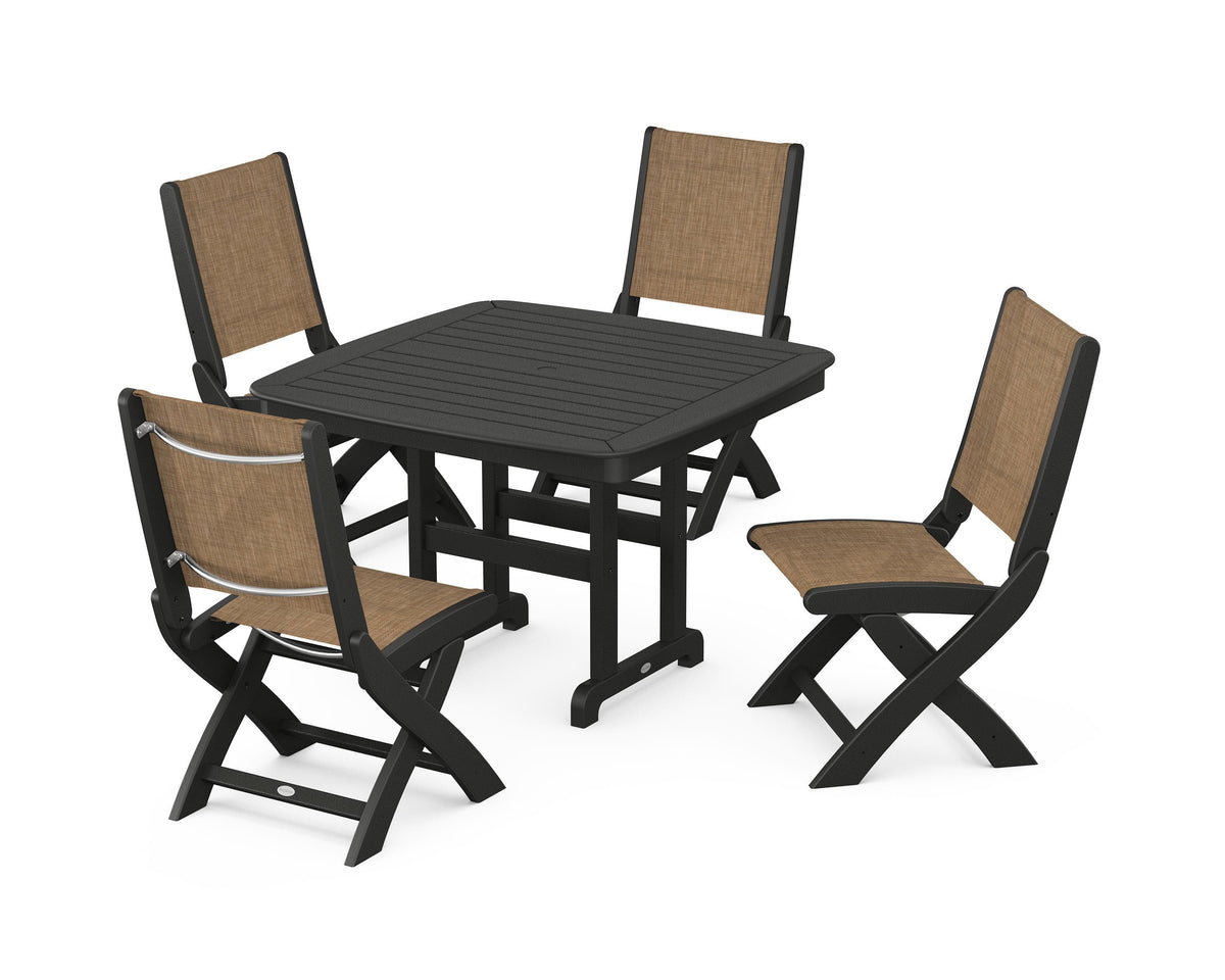 POLYWOOD Coastal Folding Side Chair 5-Piece Dining Set with Nautical 44" Dining Table in Black / Burlap