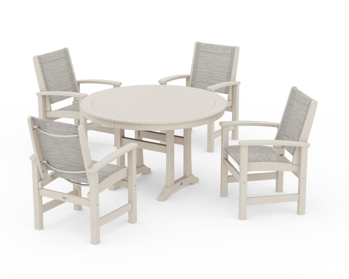POLYWOOD Coastal 5-Piece Round Dining Set with Trestle Legs in Sand / Birch