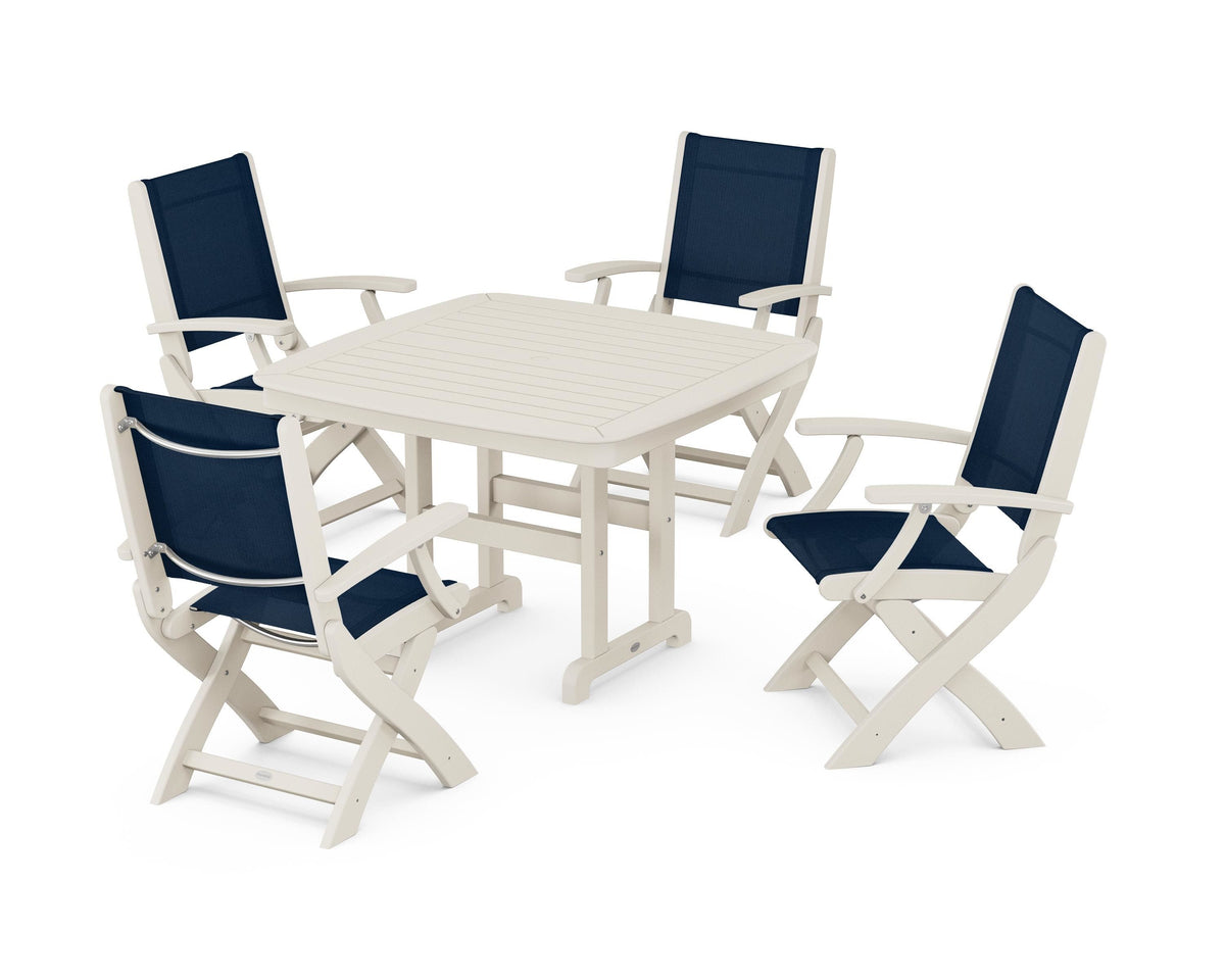 POLYWOOD Coastal Folding Chair 5-Piece Dining Set with Nautical 44" Dining Table in Sand / Navy Blue