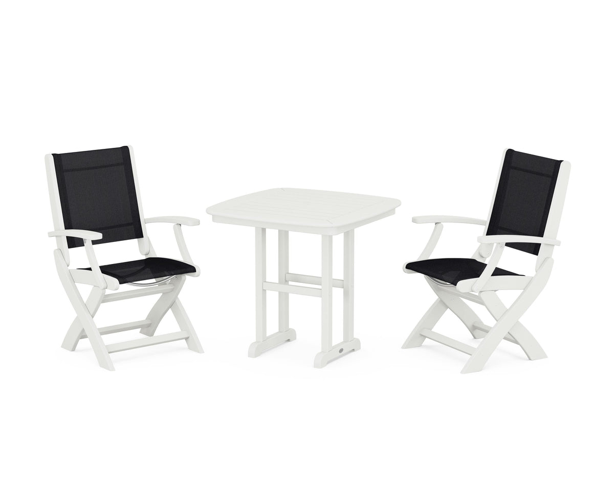 POLYWOOD Coastal Folding Chair 3-Piece Dining Set in Vintage White / Black