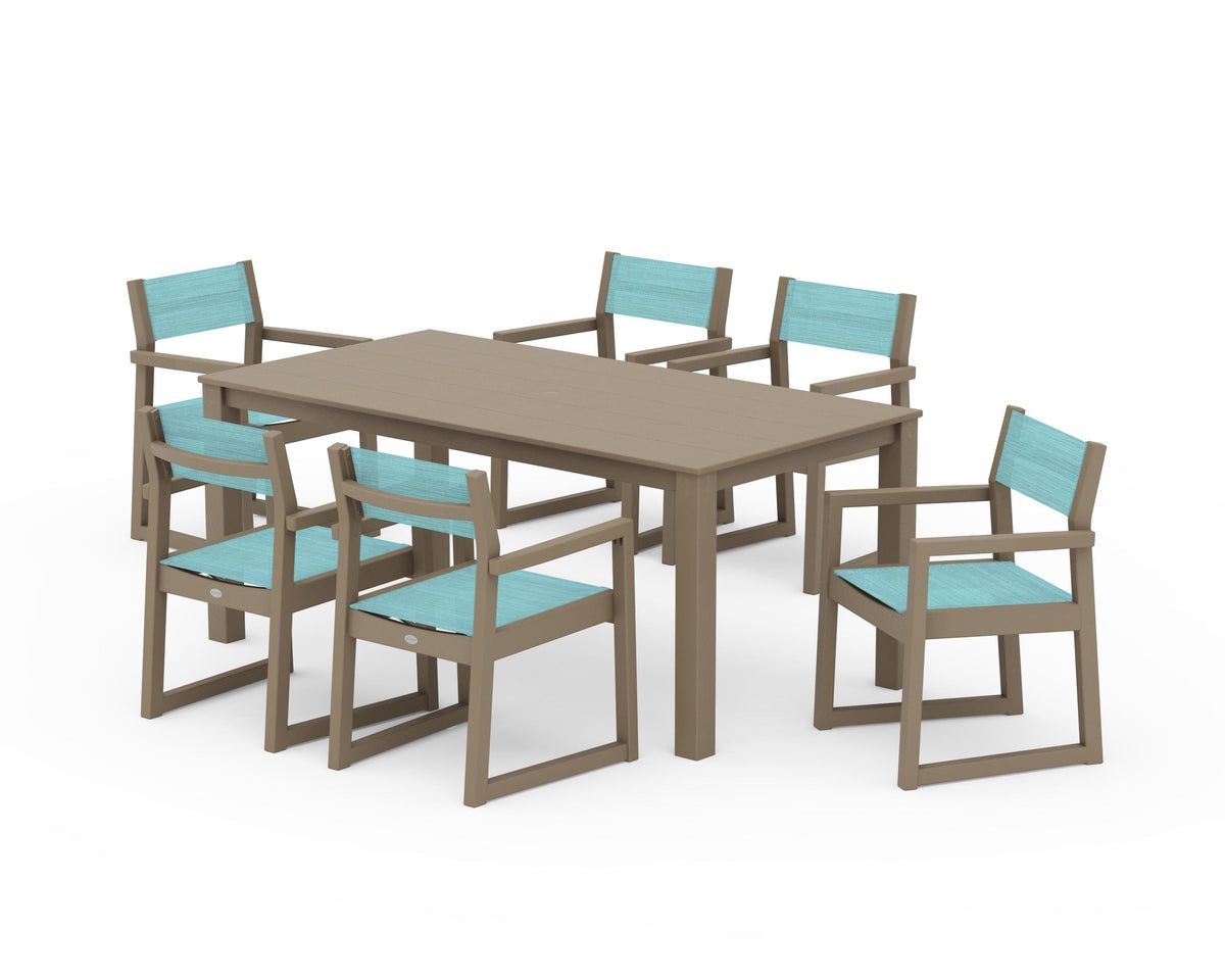 POLYWOOD EDGE Sling Arm Chair 7-Piece Parsons Dining Set in Vintage Sahara / Dupioni Aquamarine