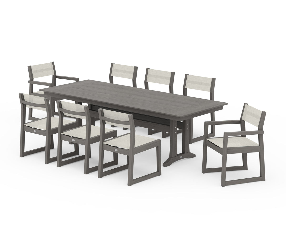 POLYWOOD EDGE Sling 9-Piece Farmhouse Trestle Dining Set in Driftwood / Parchment