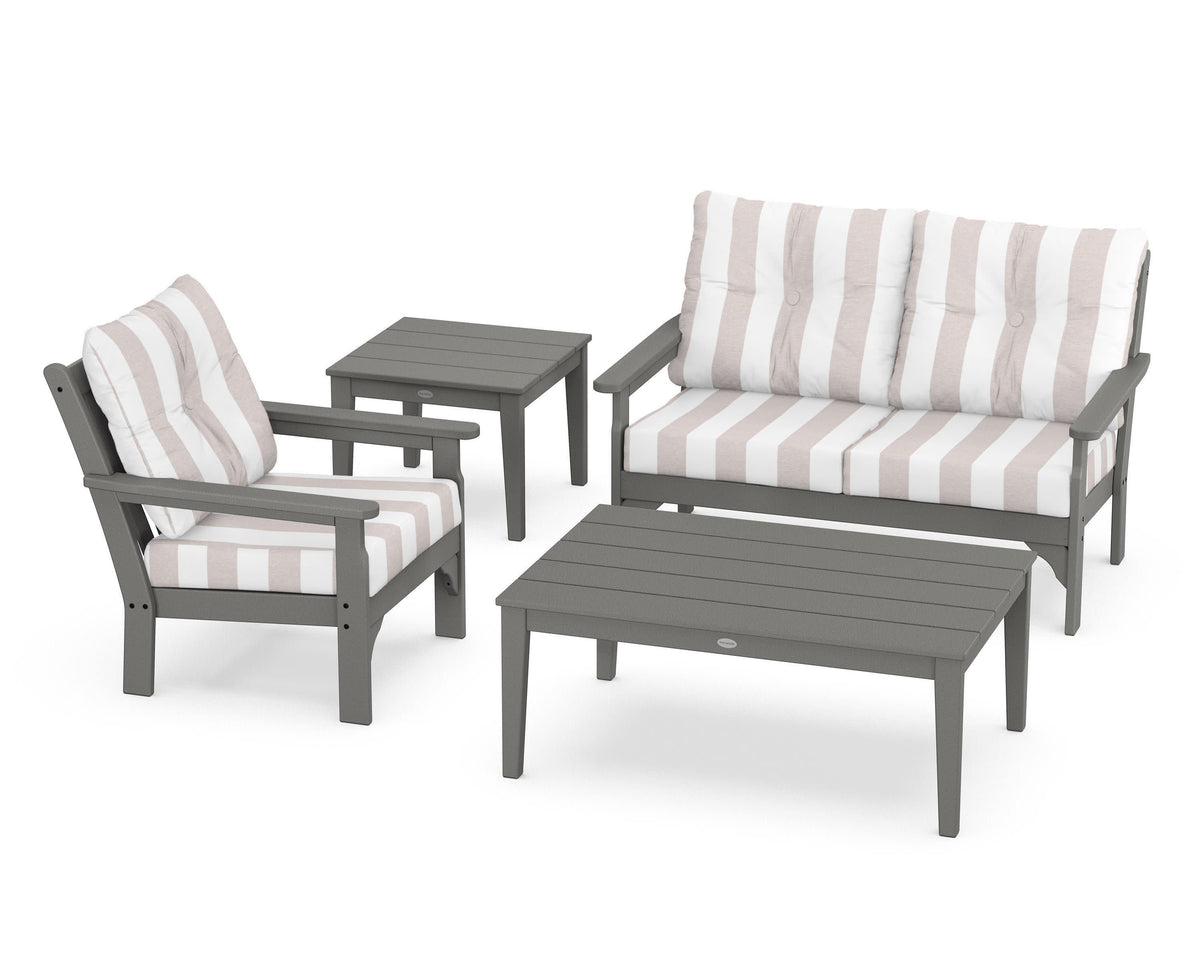 POLYWOOD Vineyard 4-Piece Deep Seating Set in Slate Grey / Cabana Stripe Dune Burlap