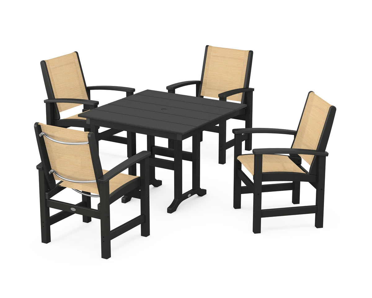 POLYWOOD Coastal 5-Piece Farmhouse Dining Set with Farmhouse 37" Dining Table in Black / Dupioni Apricot