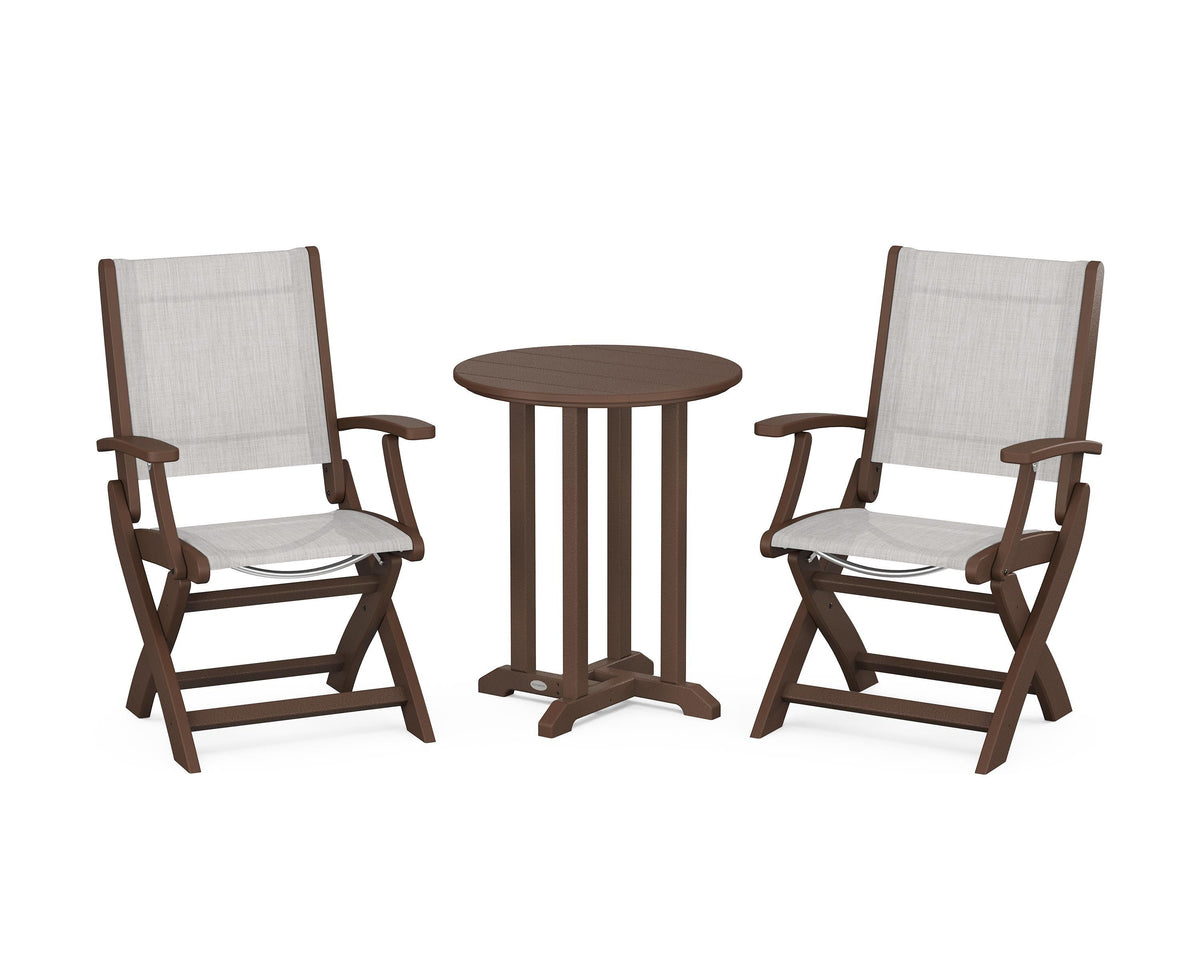 POLYWOOD Coastal Folding 3-Piece Round Bistro Dining Set in Mahogany / Parchment