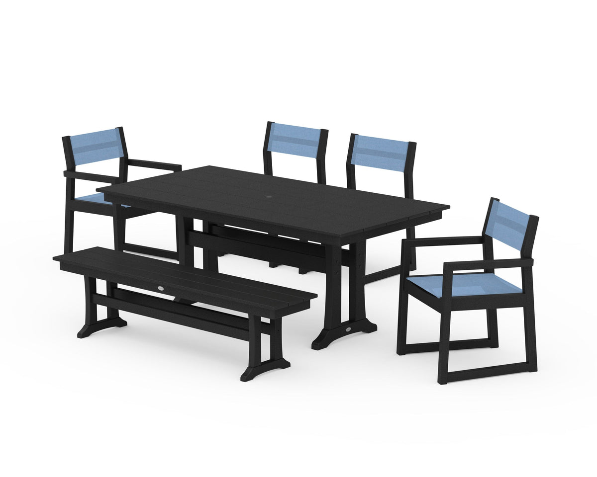 POLYWOOD EDGE Sling 6-Piece Farmhouse Dining Set With Trestle Legs in Black / Poolside