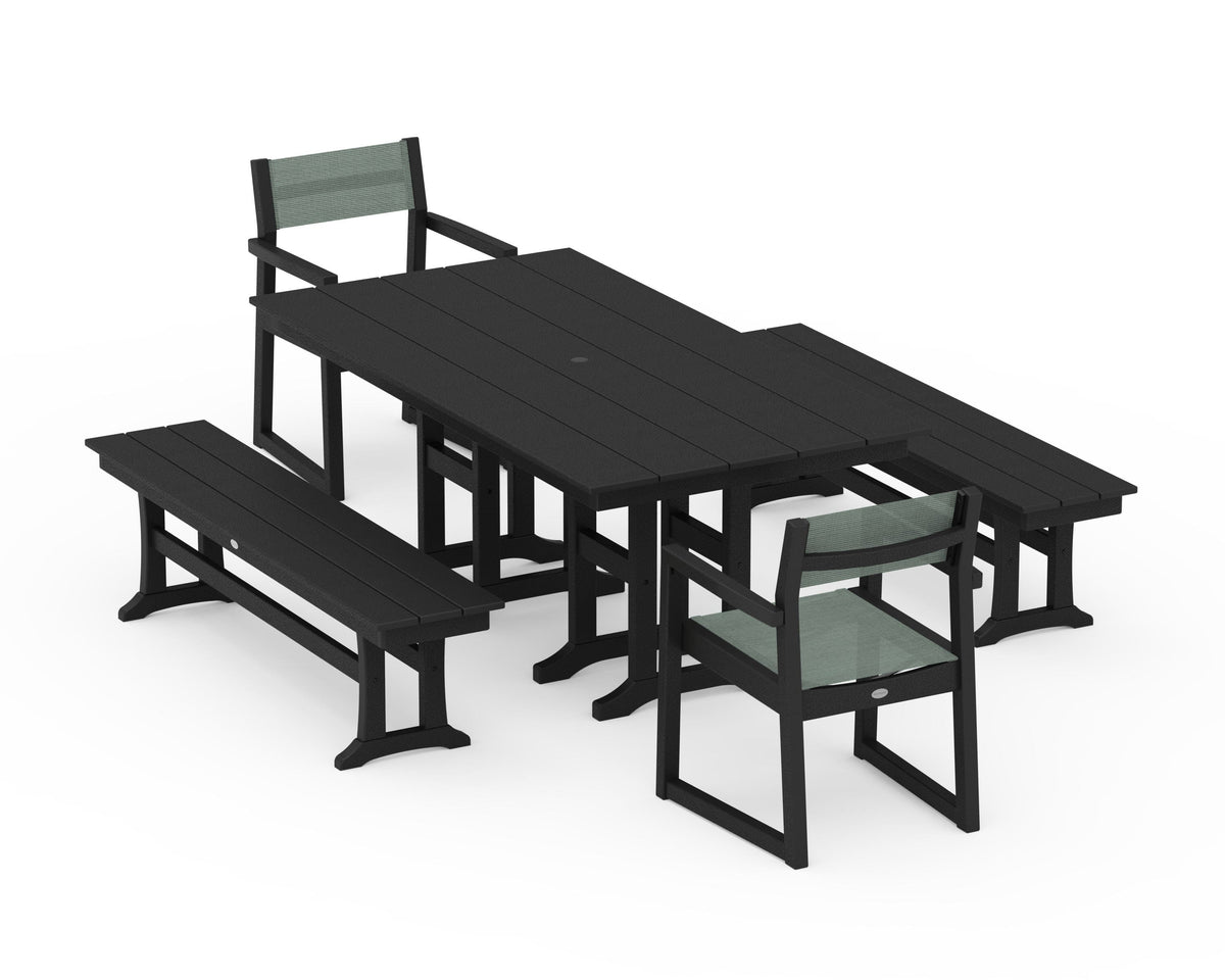 POLYWOOD EDGE Sling Arm Chair 5-Piece Farmhouse Dining Set with Benches in Black / Dupioni Sea Mist