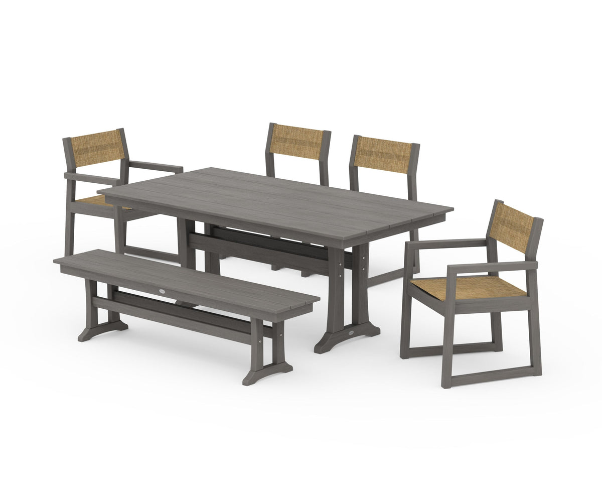 POLYWOOD EDGE Sling 6-Piece Farmhouse Dining Set With Trestle Legs in Driftwood / Burlap