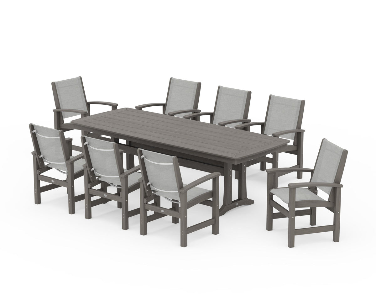 POLYWOOD Coastal 9-Piece Dining Set with Trestle Legs in Driftwood / Metallic