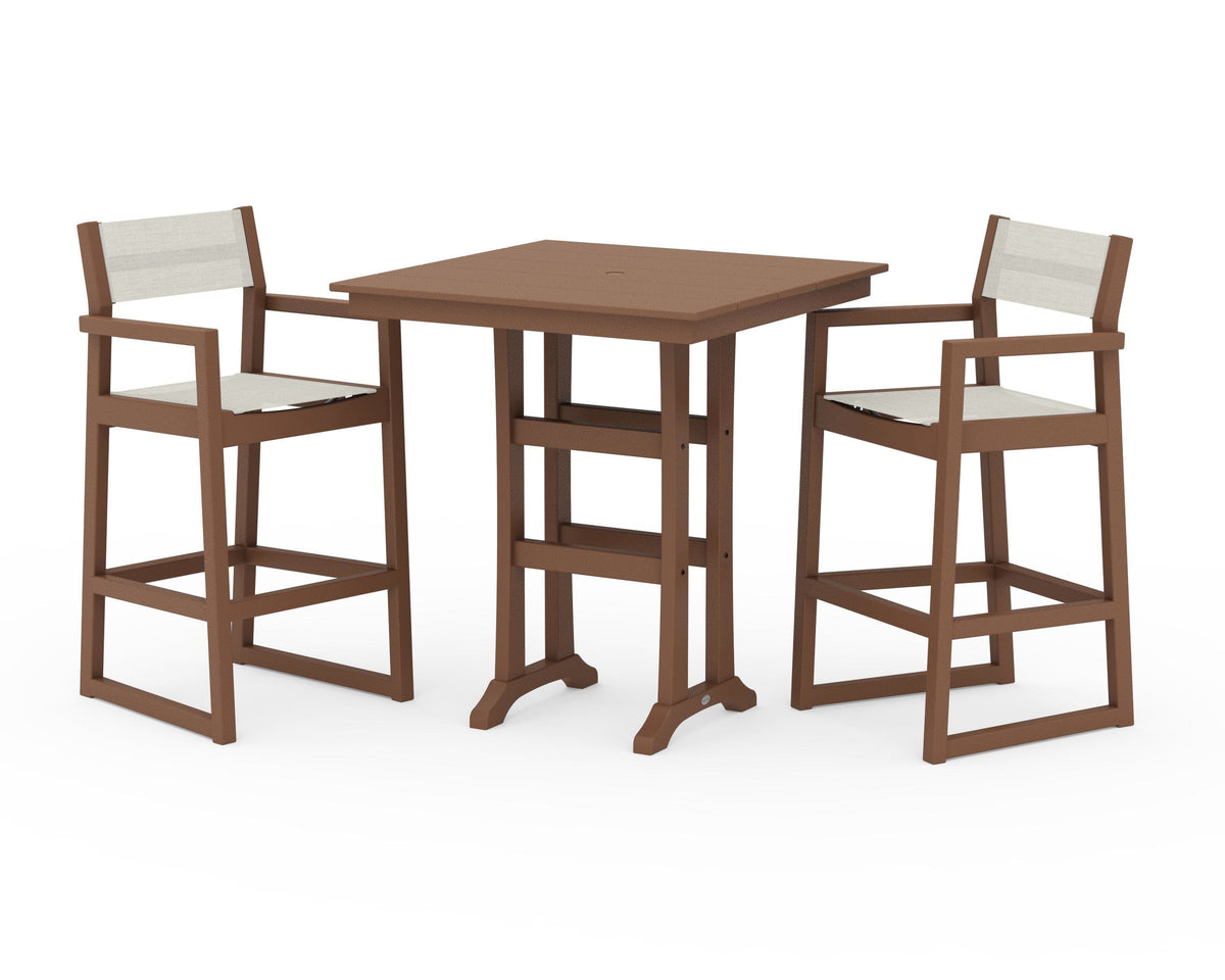 POLYWOOD EDGE Sling Arm Chair 3-Piece Farmhouse Bar Set with Trestle Legs in Teak / Parchment