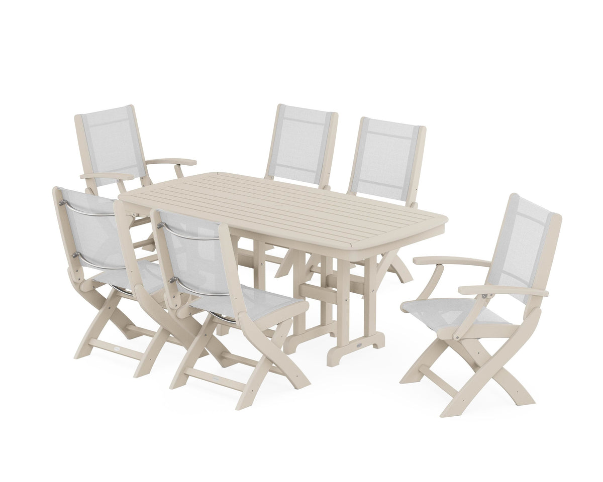 POLYWOOD Coastal Folding Chair 7-Piece Dining Set in Sand / White