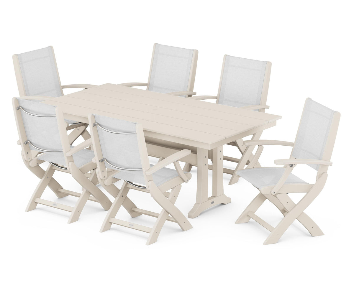 POLYWOOD Coastal Folding Arm Chair 7-Piece Farmhouse Dining Set with Trestle Legs in Sand / White