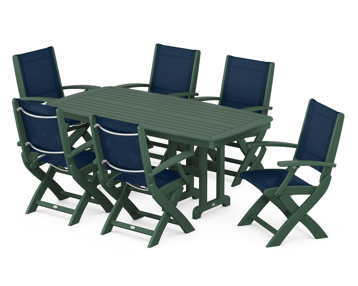 POLYWOOD Coastal Folding Arm Chair 7-Piece Dining Set in Green / Navy Blue