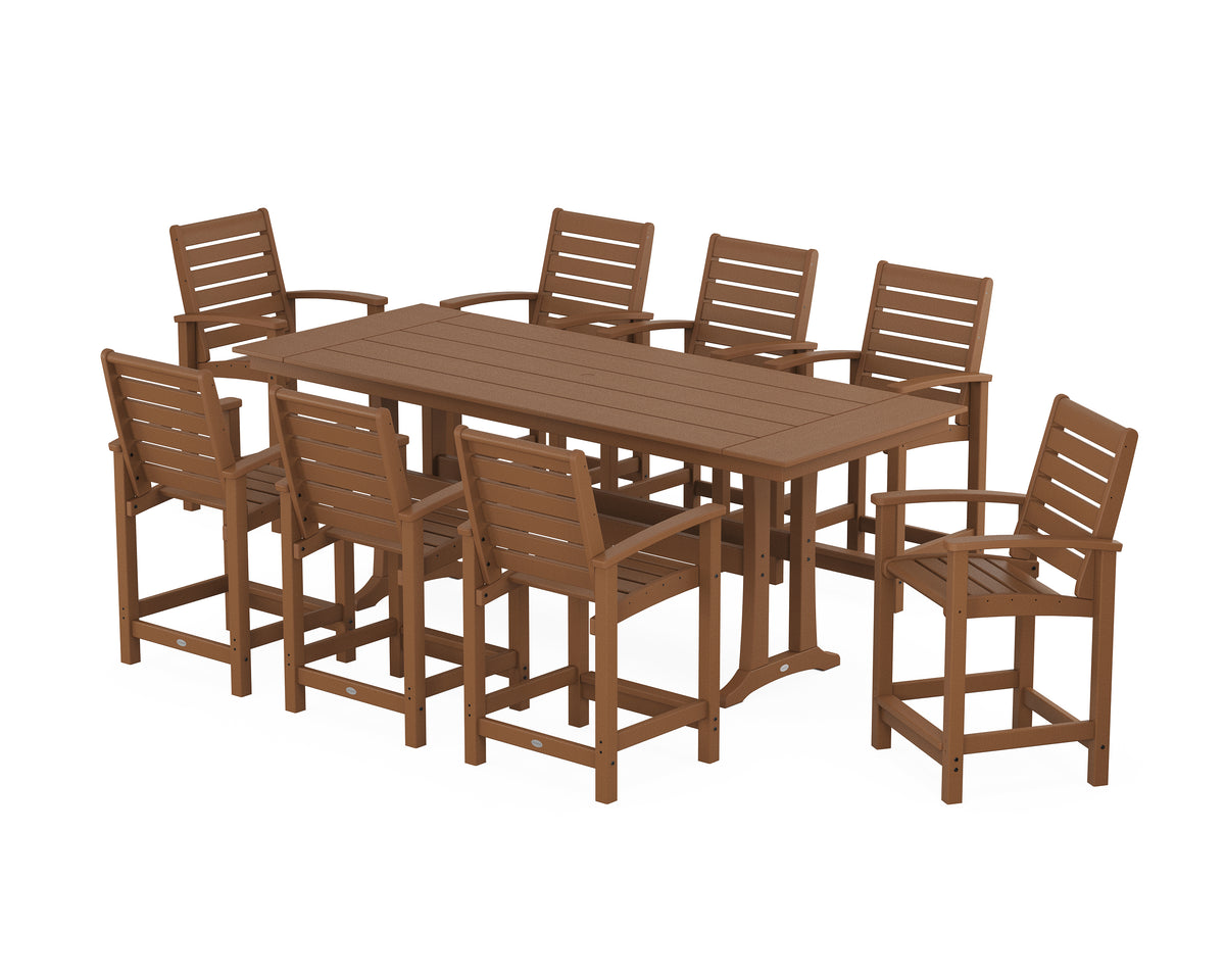 POLYWOOD Signature 9-Piece Farmhouse Counter Set with Trestle Legs in Teak