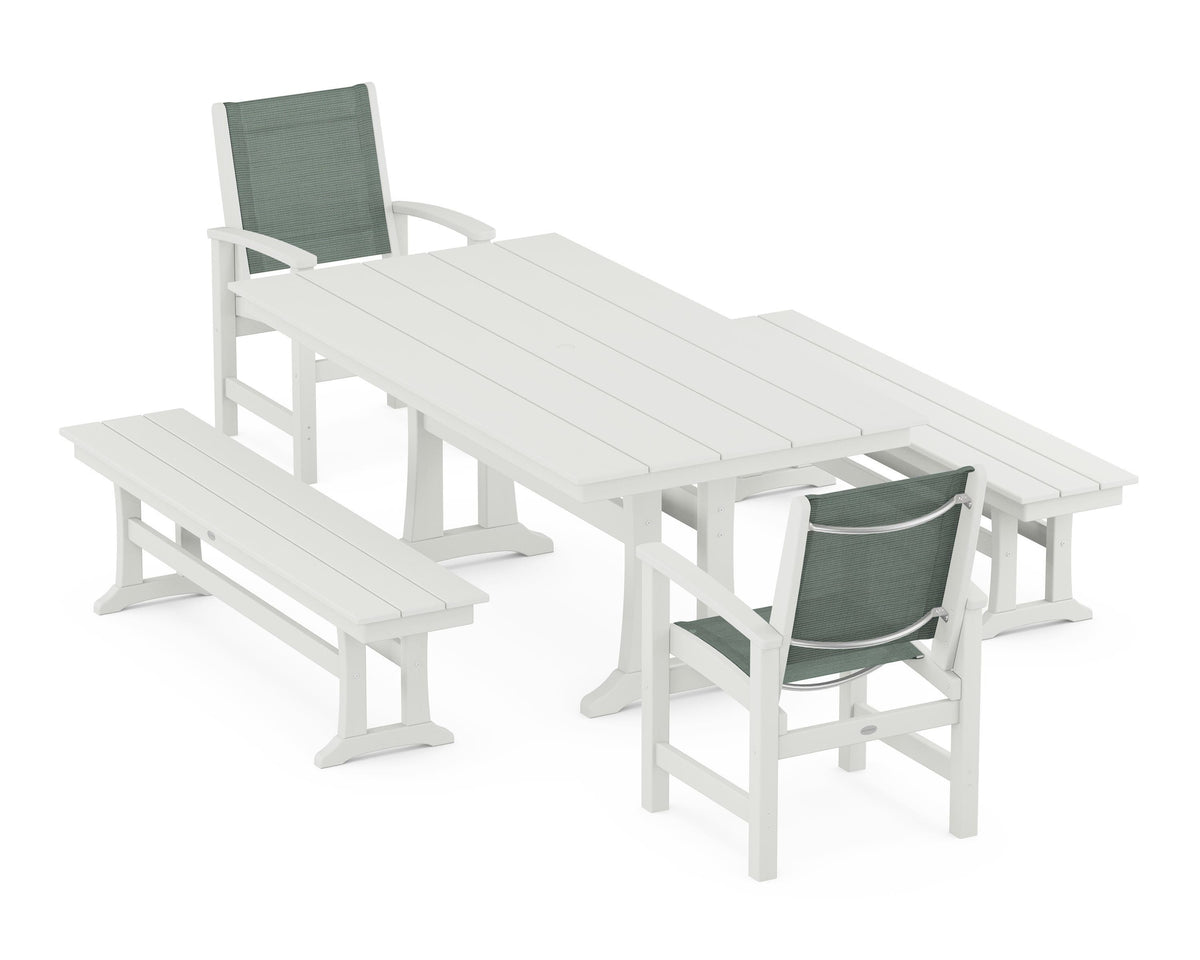 POLYWOOD Coastal 5-Piece Farmhouse Dining Set with Trestle Legs and Benches in Vintage White / Dupioni Sea Mist