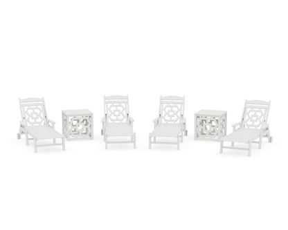 POLYWOOD Chinoiserie 6-Piece Chaise Set with Umbrella Stand Accent Table in Vintage White