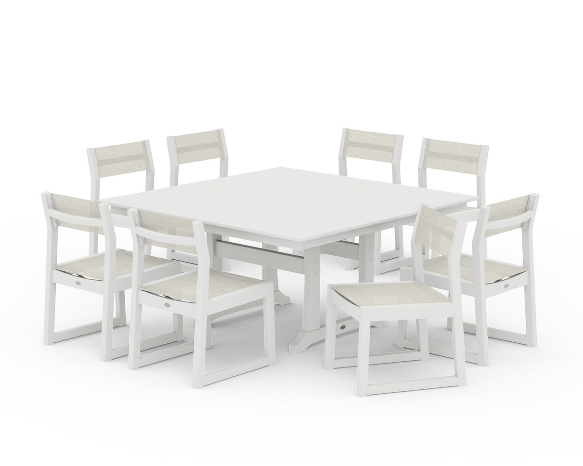 POLYWOOD EDGE Sling Side Chair 9-Piece Farmhouse Trestle Dining Set in Vintage White / Parchment