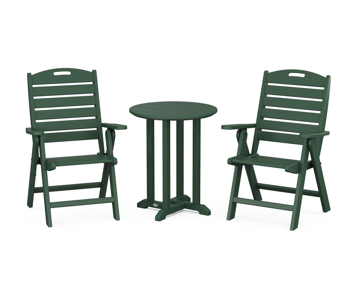POLYWOOD Nautical Folding Highback Chair 3-Piece Round Bistro Dining Set in Green