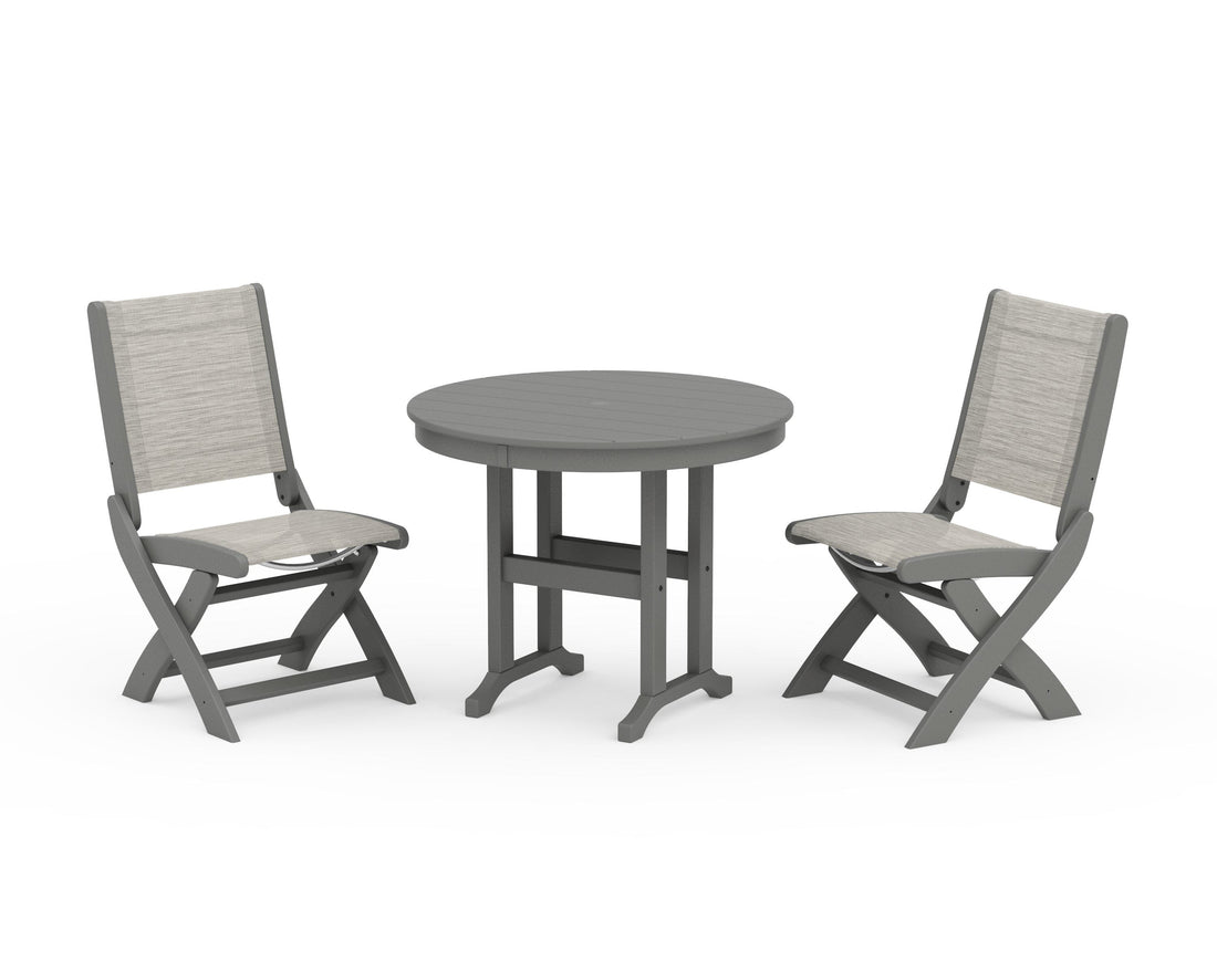 POLYWOOD Coastal Folding Side Chair 3-Piece Round Dining Set in Slate Grey / Birch