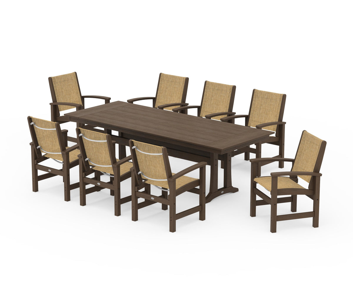 POLYWOOD Coastal 9-Piece Farmhouse Dining Set with Trestle Legs in Kona / Burlap
