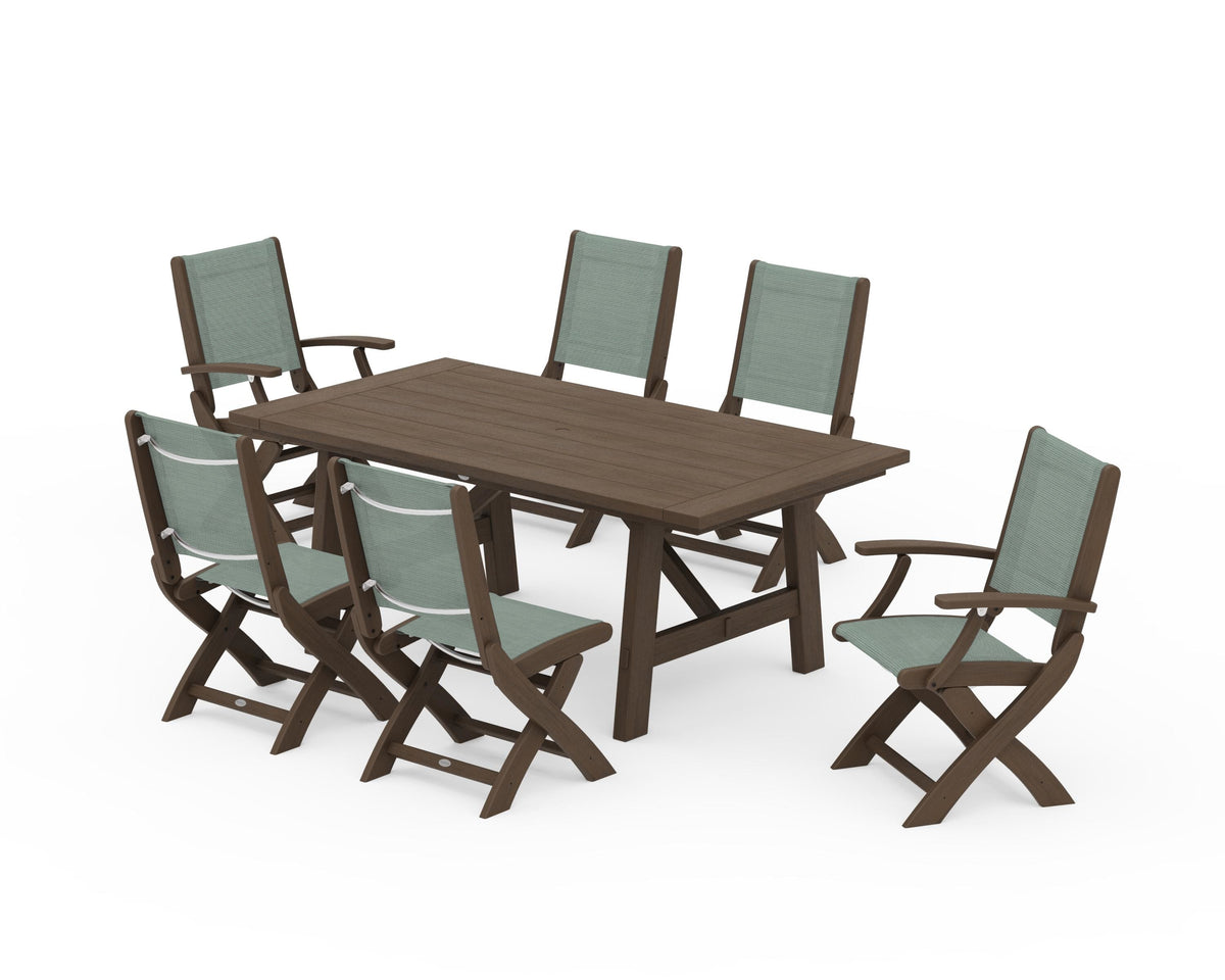 POLYWOOD Coastal Folding Chair 7-Piece Rustic Farmhouse Dining Set in Kona / Dupioni Sea Mist