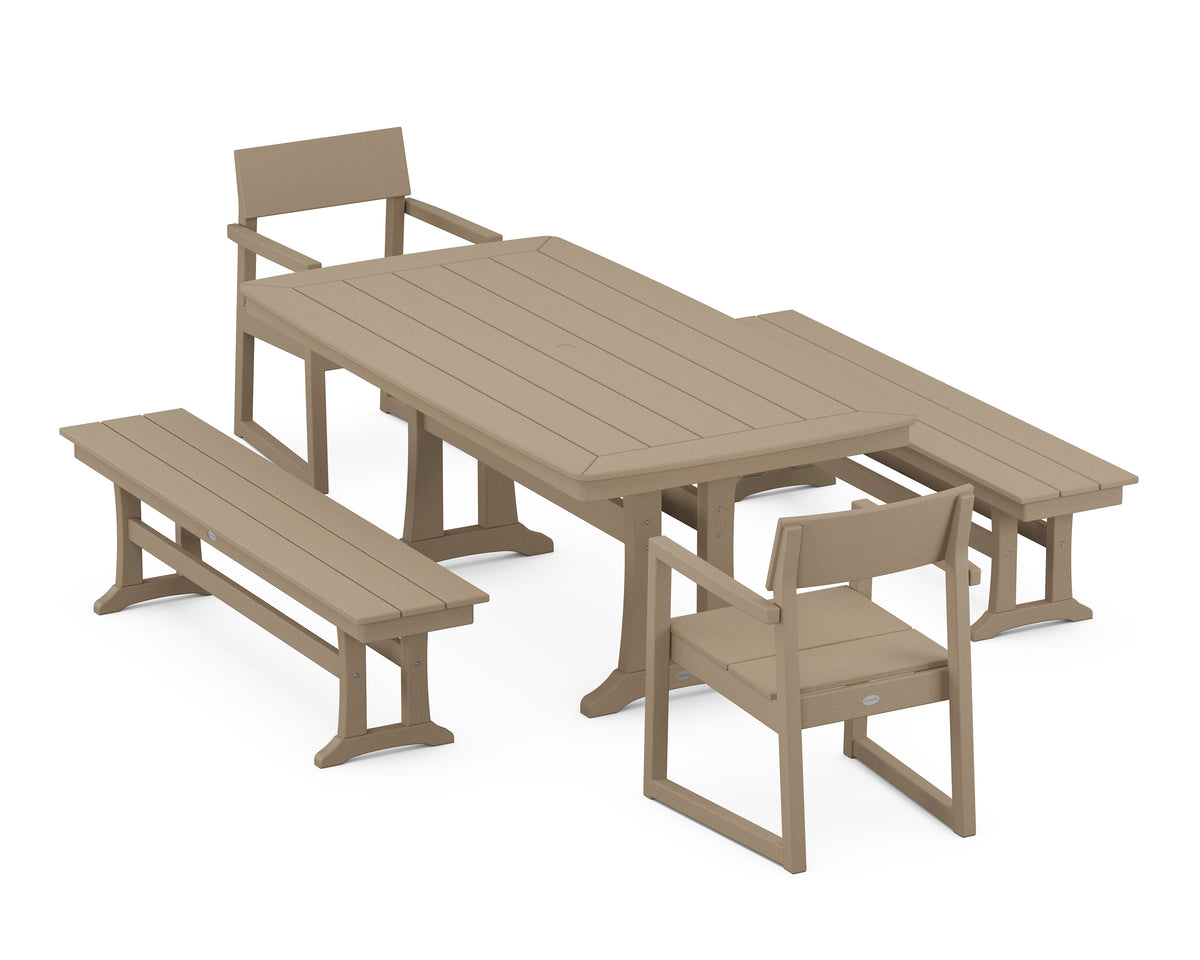POLYWOOD EDGE 5-Piece Dining Set with Trestle Legs (Nautical Trestle 38" x 73" Table) in Vintage Sahara