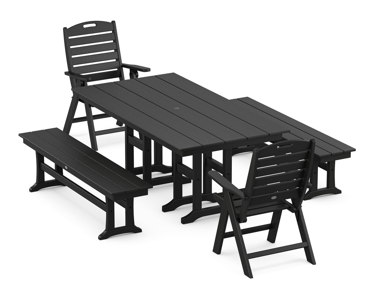 POLYWOOD Nautical Highback 5-Piece Farmhouse Dining Set with Benches in Black
