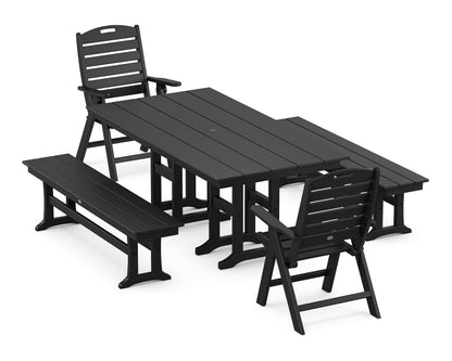 POLYWOOD Nautical Highback 5-Piece Farmhouse Dining Set with Benches in Black