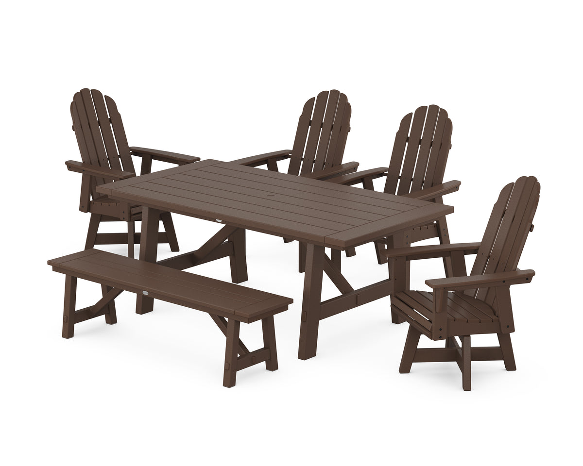 POLYWOOD Vineyard Curveback Adirondack Swivel Chair 6-Piece Rustic Farmhouse Dining Set with Bench in Mahogany