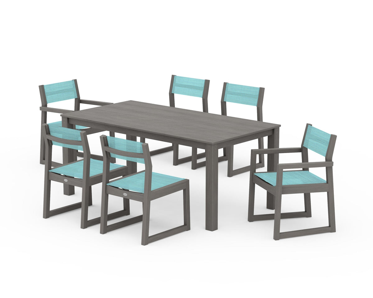 POLYWOOD EDGE Sling 7-Piece Parsons Dining Set in Driftwood / Dupioni Aquamarine