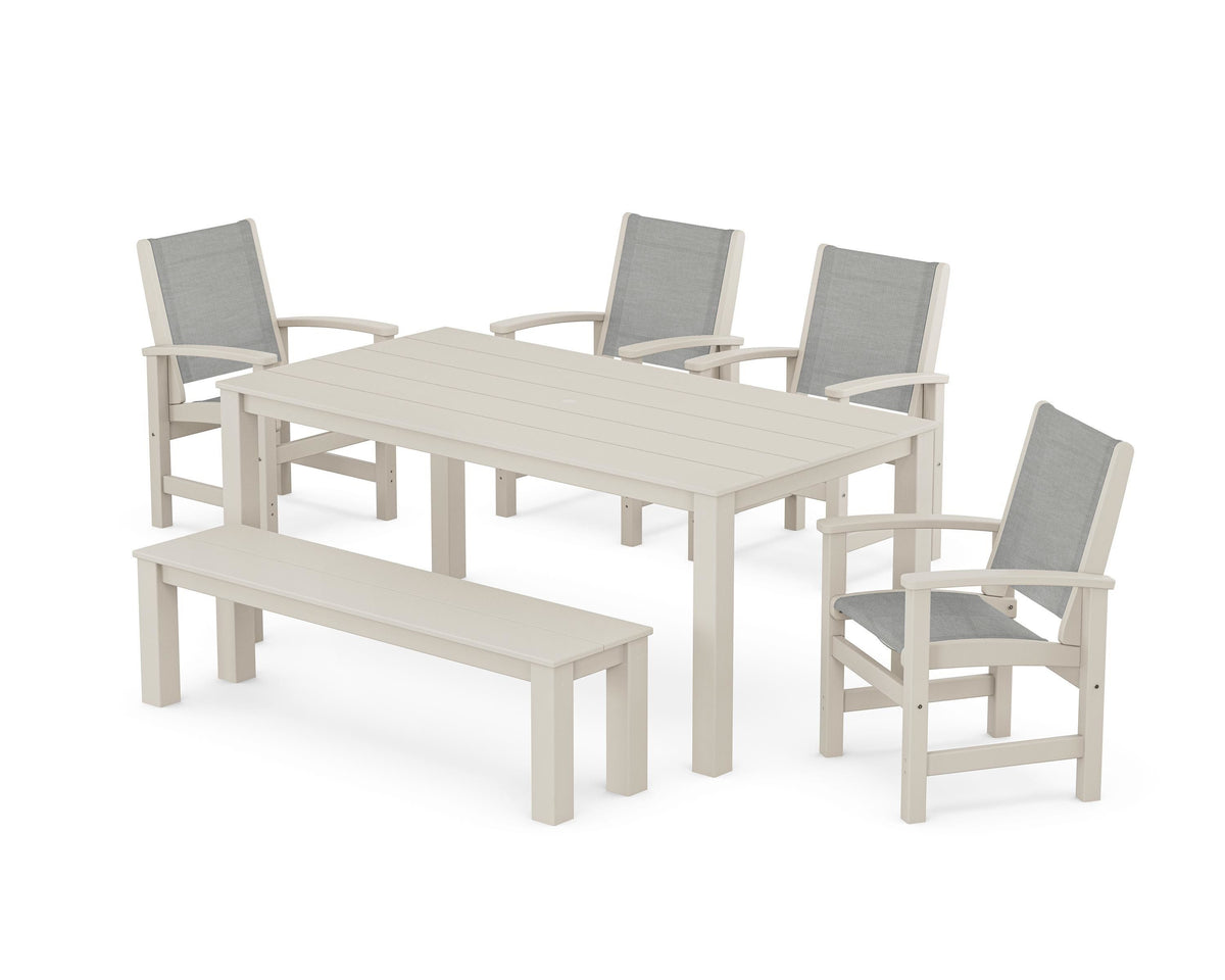 POLYWOOD Coastal 6-Piece Parsons Dining Set with Bench in Sand / Metallic