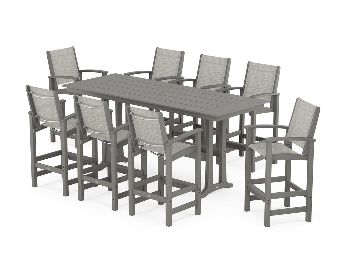 POLYWOOD Coastal 9-Piece Farmhouse Bar Set with Trestle Legs in Slate Grey / Birch