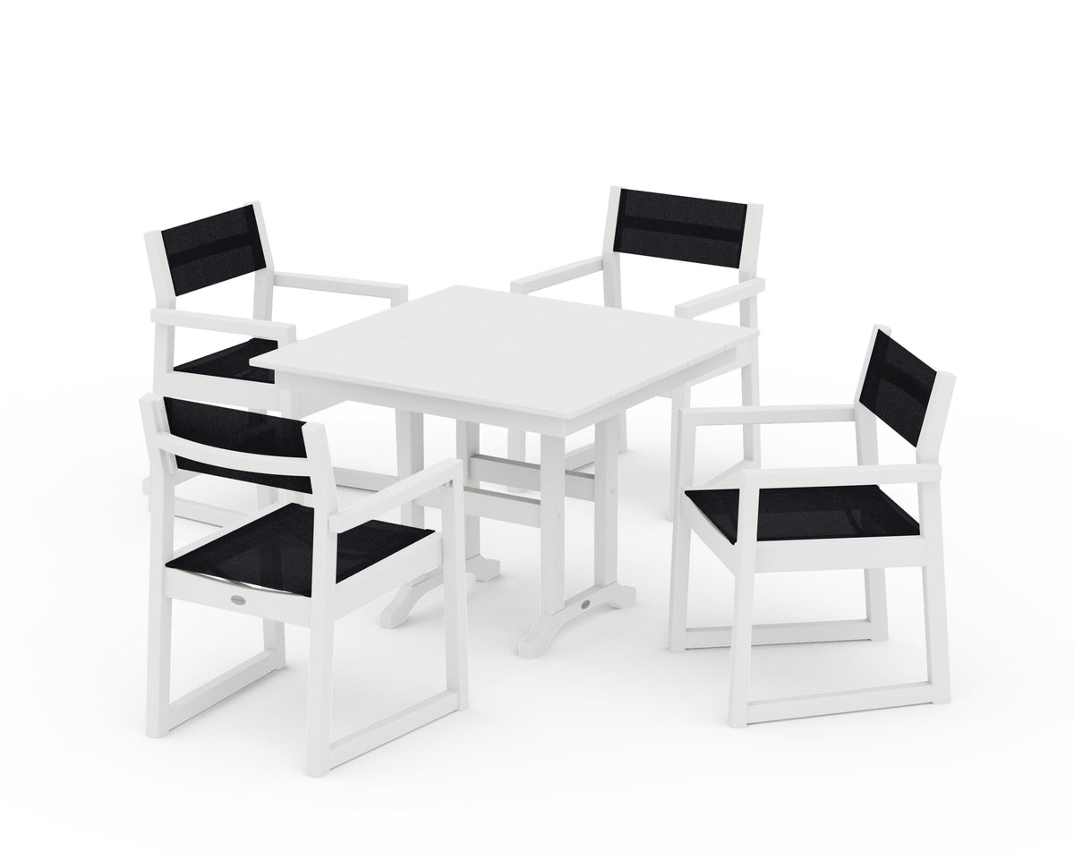 POLYWOOD EDGE Sling Arm Chair 5-Piece Farmhouse Dining Set in White / Black