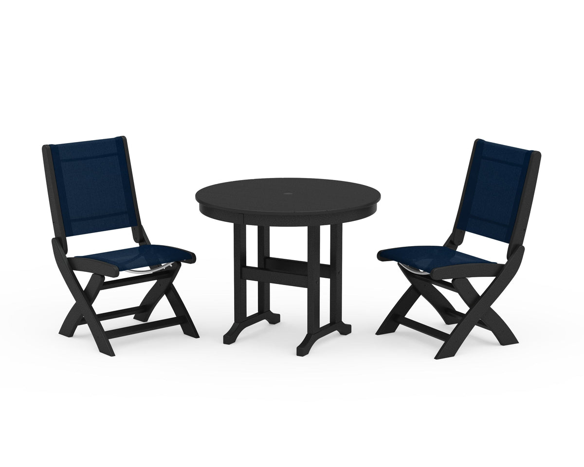POLYWOOD Coastal Folding Side Chair 3-Piece Round Dining Set in Black / Navy Blue
