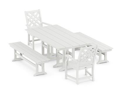 POLYWOOD Wovendale 5-Piece Farmhouse Dining Set with Benches in White