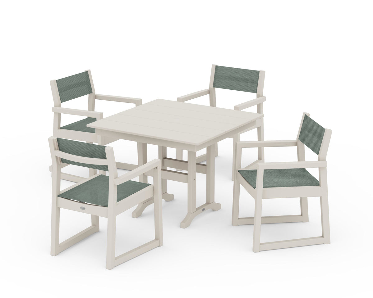 POLYWOOD EDGE Sling Arm Chair 5-Piece Farmhouse Dining Set in Sand / Dupioni Sea Mist