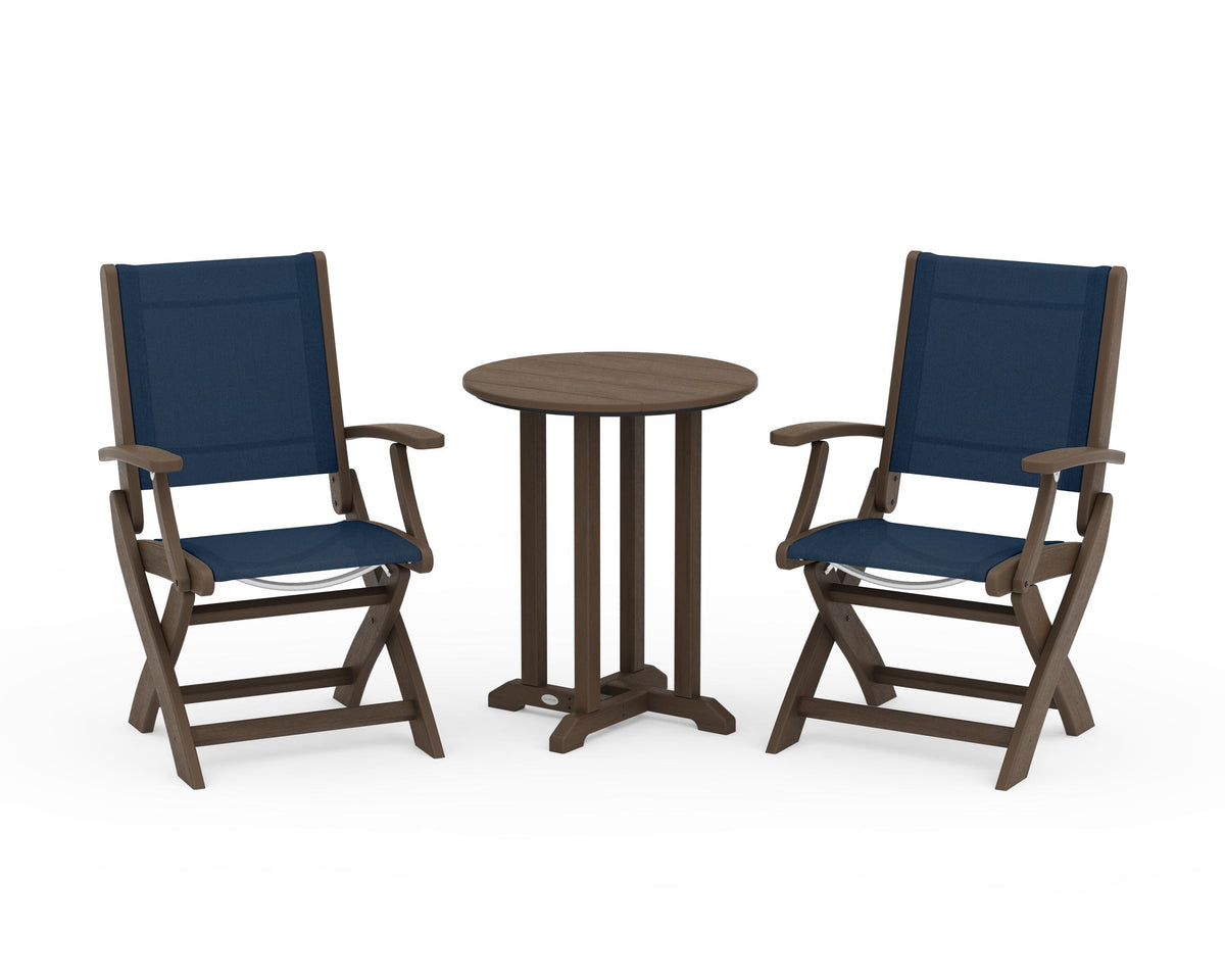 POLYWOOD Coastal Folding 3-Piece Round Bistro Dining Set in Kona / Navy Blue