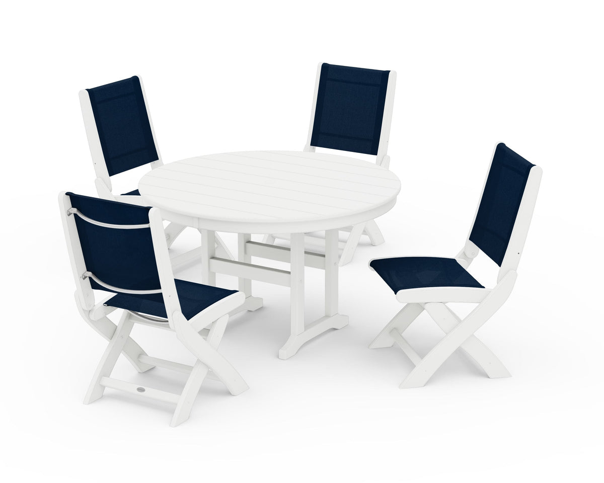 POLYWOOD Coastal Folding Side Chair 5-Piece Round Dining Set in White / Navy Blue