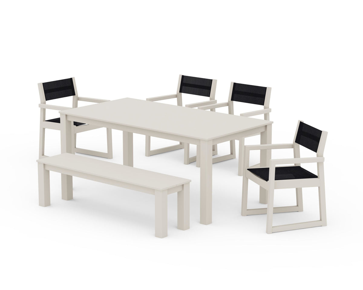 POLYWOOD EDGE Sling Arm Chair 6-Piece Parsons Dining Set with Bench in Sand / Black