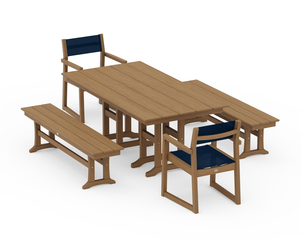 POLYWOOD EDGE Sling Arm Chair 5-Piece Farmhouse Dining Set with Benches in Natural / Navy Blue