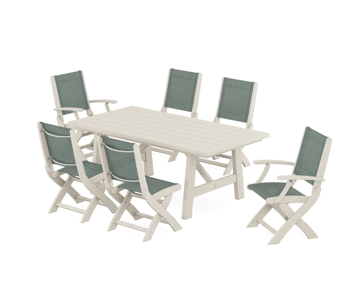 POLYWOOD Coastal Folding Chair 7-Piece Rustic Farmhouse Dining Set in Sand / Dupioni Sea Mist