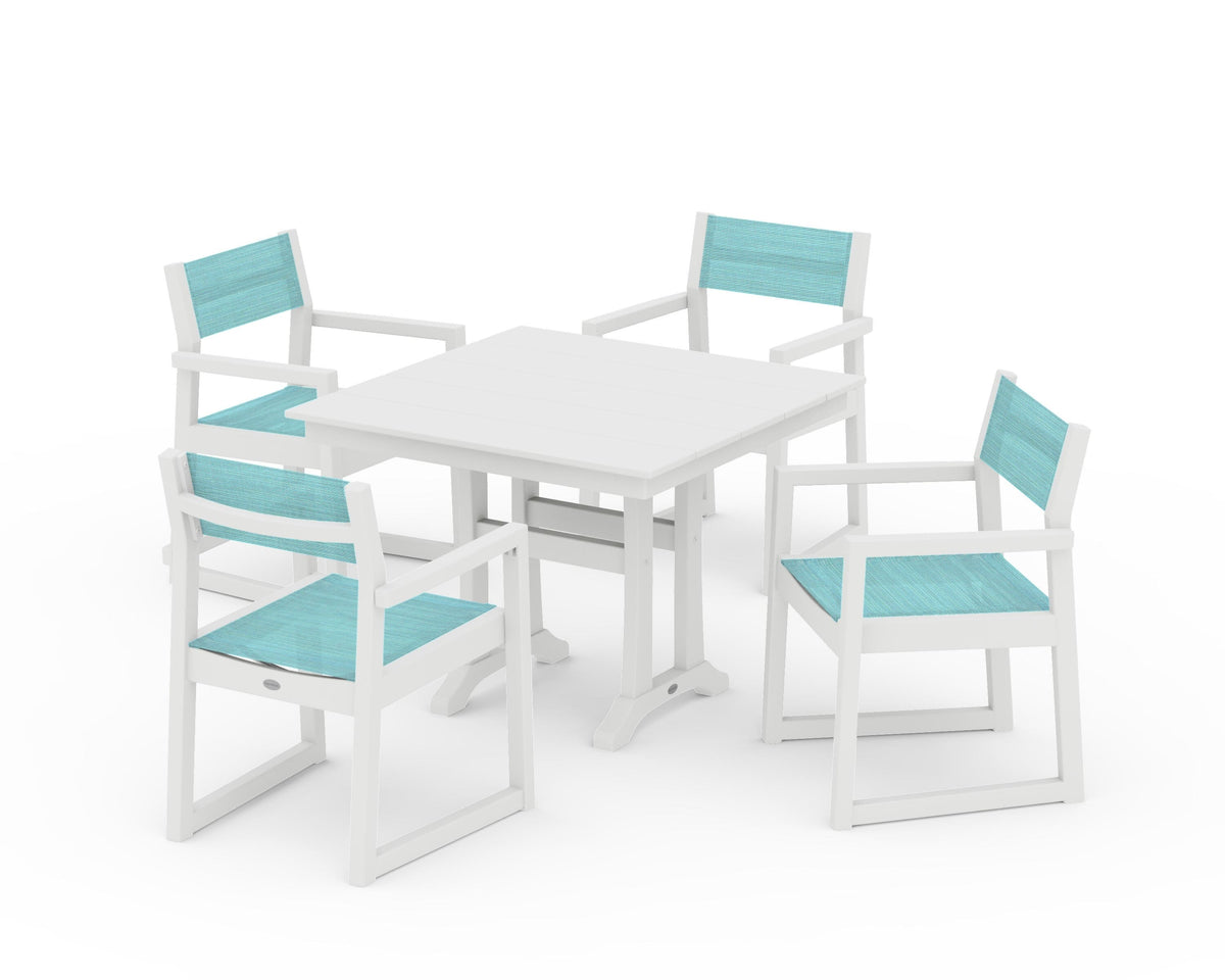 POLYWOOD EDGE Sling 5-Piece Farmhouse Dining Set with Trestle Legs in White / Dupioni Aquamarine