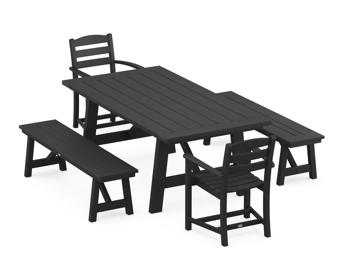 POLYWOOD La Casa Café 5-Piece Rustic Farmhouse Dining Set with Benches in Black