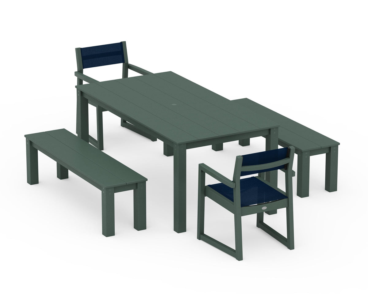POLYWOOD EDGE Sling Arm Chair 5-Piece Parsons Dining Set with Benches in Green / Navy Blue