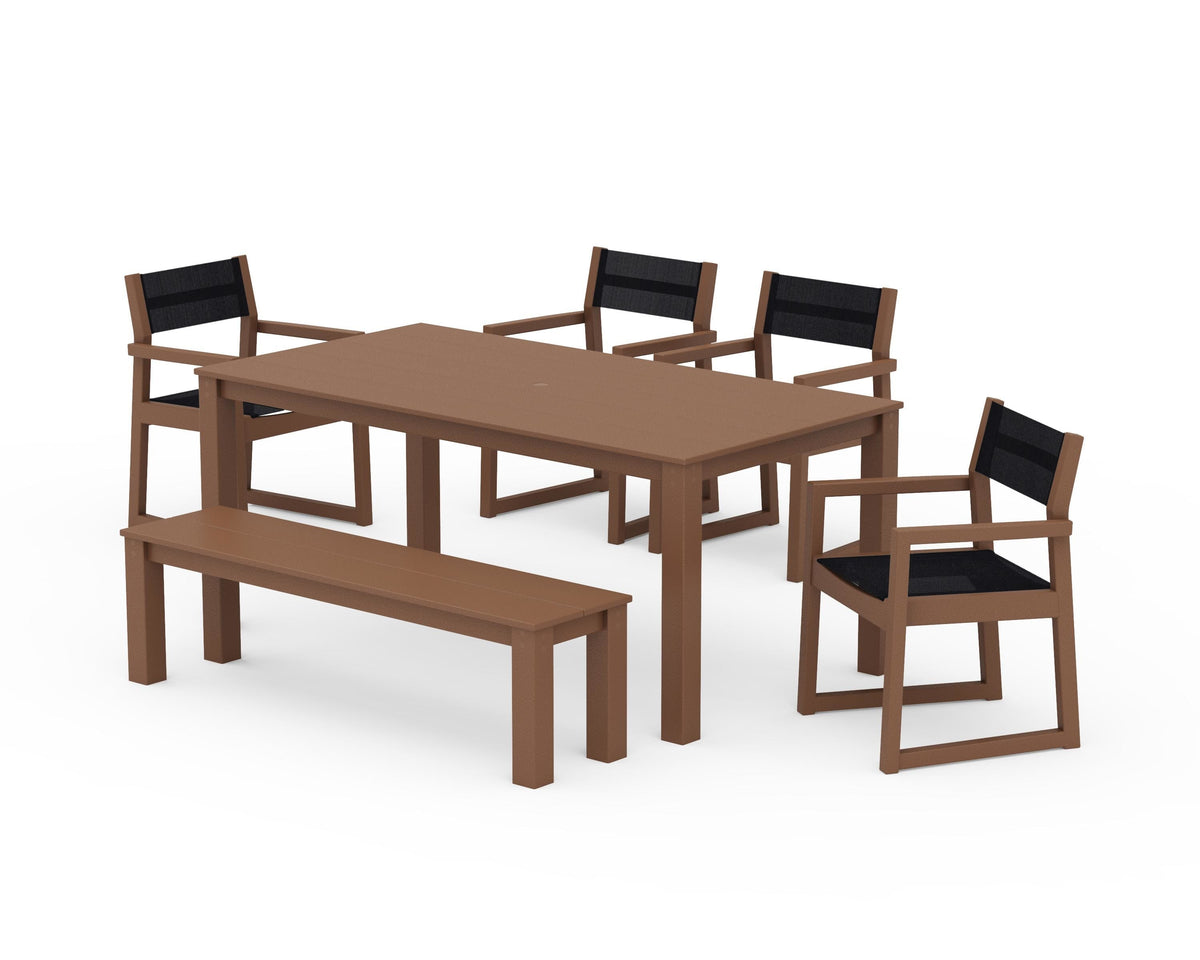 POLYWOOD EDGE Sling Arm Chair 6-Piece Parsons Dining Set with Bench in Teak / Black