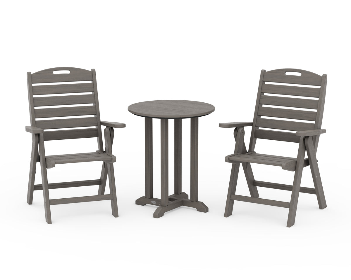 POLYWOOD Nautical Folding Highback Chair 3-Piece Round Bistro Dining Set in Driftwood