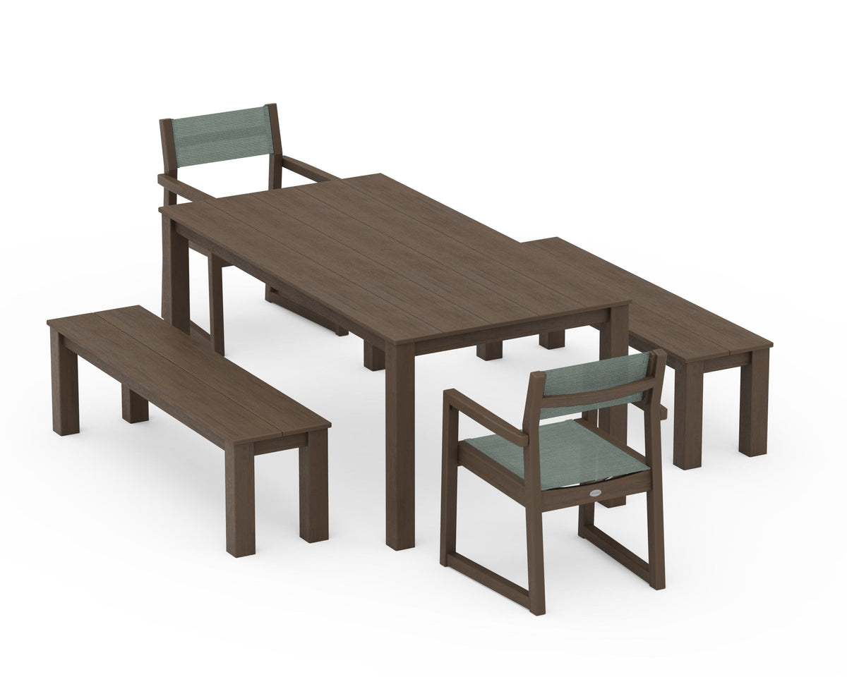 POLYWOOD EDGE Sling Arm Chair 5-Piece Parsons Dining Set with Benches in Kona / Dupioni Sea Mist